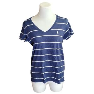 Vintage Polo Ralph Lauren Blue and White Striped V-neck Tee Size Medium